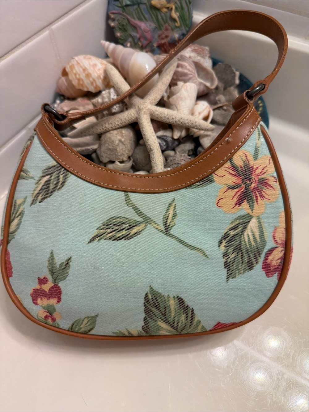 Fossil Mint Floral Shoulder Bag with Tan Trim